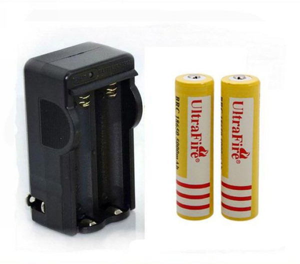 2XUltraFire 18650 3.7V 5000mAH Lithium Rechargeable Battery Yellow, BRC18650 Li-Ion batteries With charger For Flashlight Headlamp