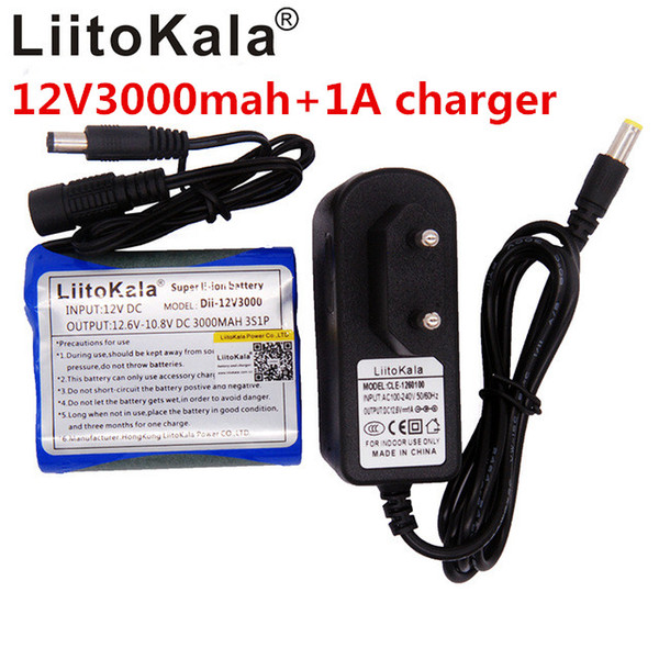 Liitokala new camera 12V 3000mAh Li-Ion 12V 3Ah Camera battery + charger 12.6V 1A EU / US plug UU Monitoring LED lights Xenon lamp