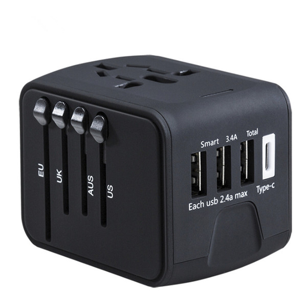 Worldwide Travel Adapter Electric Plugs Sockets 3 USB 3.4A Port + Type-C Power Adapter Universal AC Wall Charger For EU/UK/US/AU
