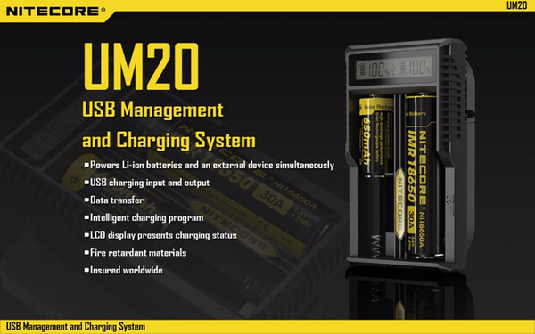 100% Brand New Nitecore UM20 Smart Battery Charger LCD Display Battery Charger Universal Nitecore Charger with usb cables 18650