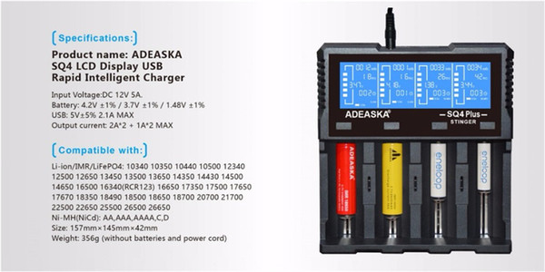 ADEASKA SQ4 PLUS LCD Display USB Rapid Intelligent Charger For Li-ion/IMR/LiFePO4/Ni-MH Battery or VP4 PLUS