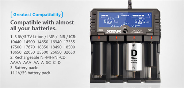 Original XTAR DRAGON VP4 PLUS Smart Battery Charger Set with Pouch Probes Adapter and Car Charger for 18650 and Battery Pack etc