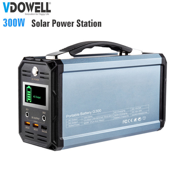 300Wh 60000mAh all in one solar power station Output AC 110V/DC 12V 5A/USB QC3.0 5V 2A for outdoor emergencies,camping electrical outages