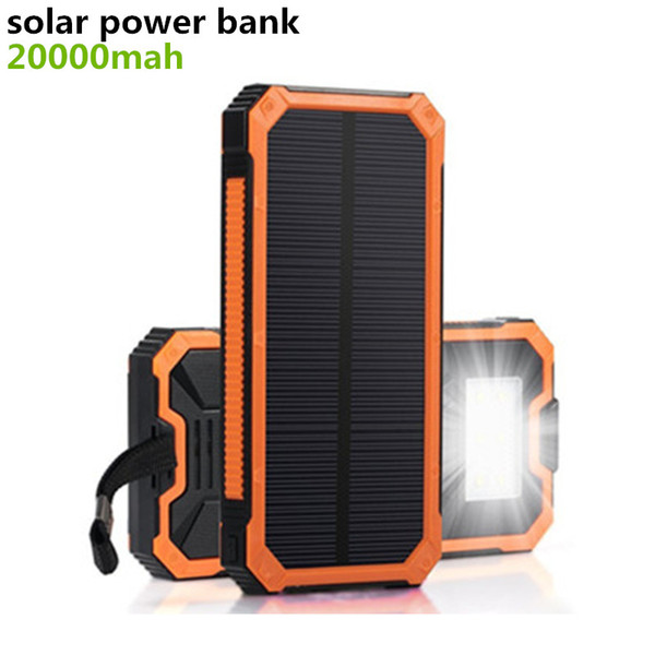 New Solar Power Bank 20000mah Solar Charger Waterproof Batterie Externe Dual USB Camping Powerbank Portable Battery Charger LED Light