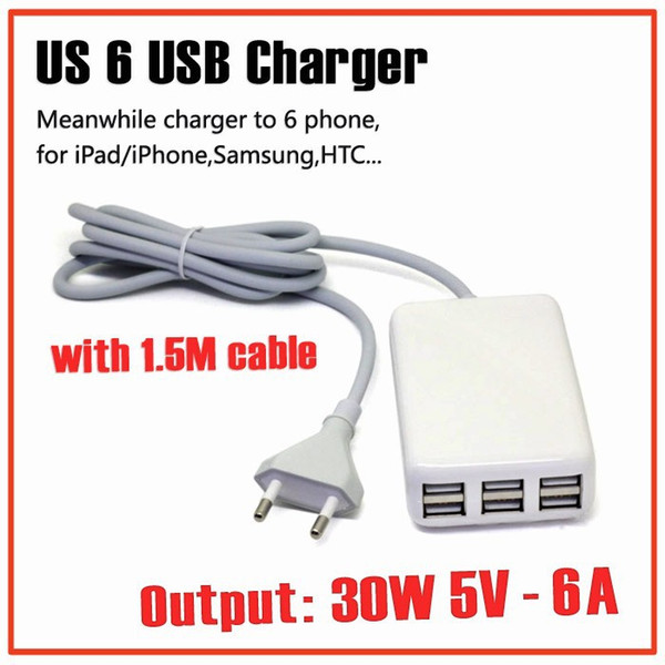 Free shipping 30W 5V 6A 6 Ports USB Wall Charger Universal Mobile Phone AC Power Adapter With 1.5M Cable for iphone/Samsung USA plug Charger