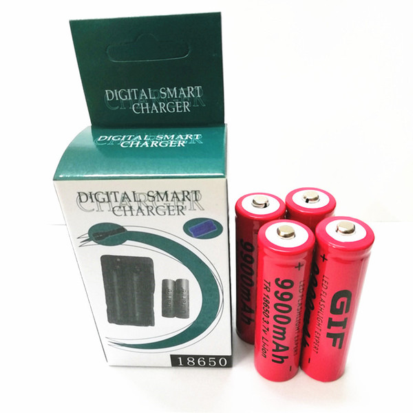 GIF RED 18650 9900mah battery 4 PCS + lithium battery charger 1PCS strong light flashlight battery Charger is flat foot