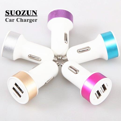 SUOZUN Best Metal Dual USB Port Car Charger Universal 12 Volt / 1 ~ 2 Amp for Apple iPhone iPad iPod / Samsung Galaxy Droid Nokia Htc