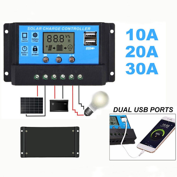 Solar Panel Regulator Charge Controller USB LCD Display Auto 10A/20A/30A 12V-24V Intelligent Automatic Connectors