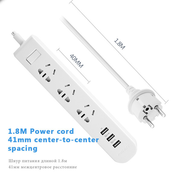 Universal 3 Port USB Outputs 3 AC Outlets Power Strip Five-hole Wall Plug Socket Smart Extension Socket Power Button Surge Protector