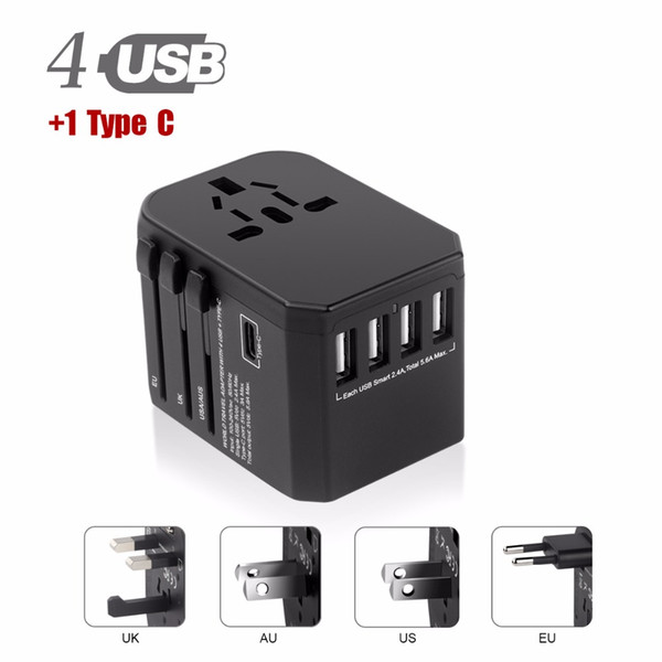 USB Type C Travel Power Plug Adapter 5 USB Ports (4 USB Type A + 1Type C) Wall Charger - for Type I C G A Outlets EU Euro US UK