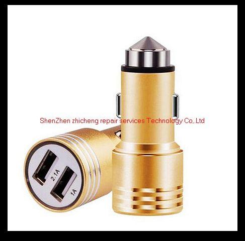 2.1A dual USB car charger Round Double metal USB Safety Hammer Charger Adapter For Phone Ipad Digital camera