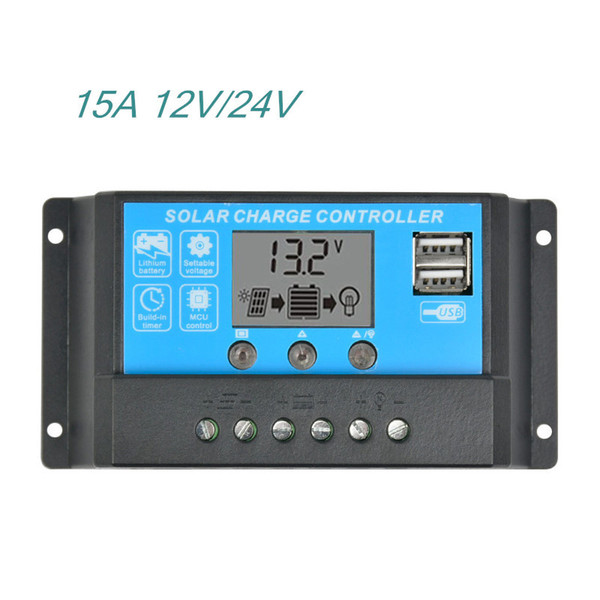 12V24V15A LCD Solar Charge Controller Regulator Switching Controllers For Solar panels Lithium lead acid With Universal USB 5V Charging