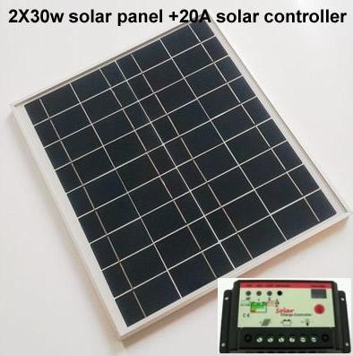 2 pcs/lot 30W/12V monocrystalline Solar Panel + 20A solar controller,100% full capacity Class A for Solar power system