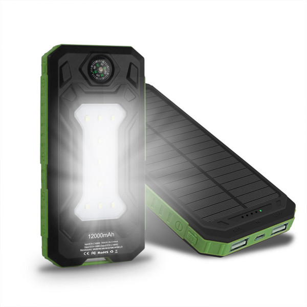 Travel Solar Power Bank 12000mAh Dual USB Solar Battery Portable Charger powerbank With LED Camp Light