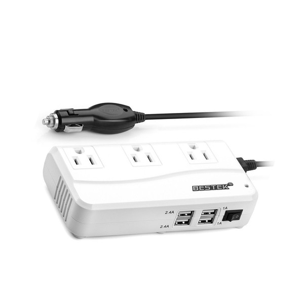 BESTEK Power car Inverter 200W DC 12V converter to 110V AC Inverter with 3 US plugs and 4.2A 4-Port USB Car Adapter [ETL Listed] White color