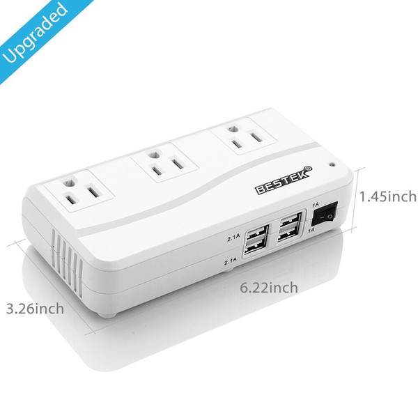 BESTEK 200W Power car Inverter DC 12V to 110V AC Inverter with 3 US plugs and 4.2A 4-Port USB Car Adapter [ETL Listed] White color