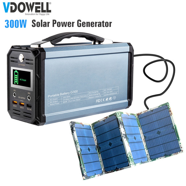 300W Portable Solar Powered Generator station Output AC 110/220V/DC 12V/USB for outdoors,emergency use,weekend road trip+60W Solar panel