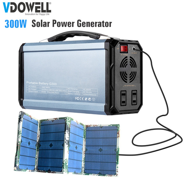 300W Portable Mobile Power Battery Pack generator Output AC 110/220V/DC 12V/USB for outdoors,emergency use,weekend road trip+60W Solar panel