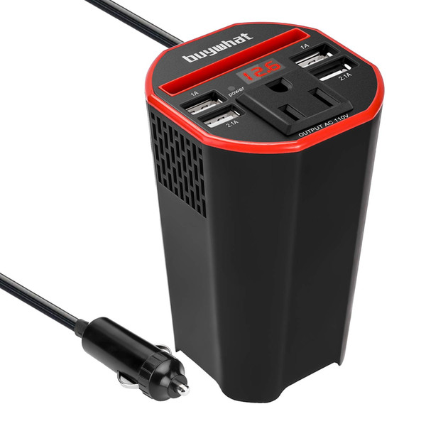 150W Car Power Inverter DC 12v to 110v AC Converter with Digital Display 6.2A 4 USB Ports Car Cup Holder Charger Adapter Red