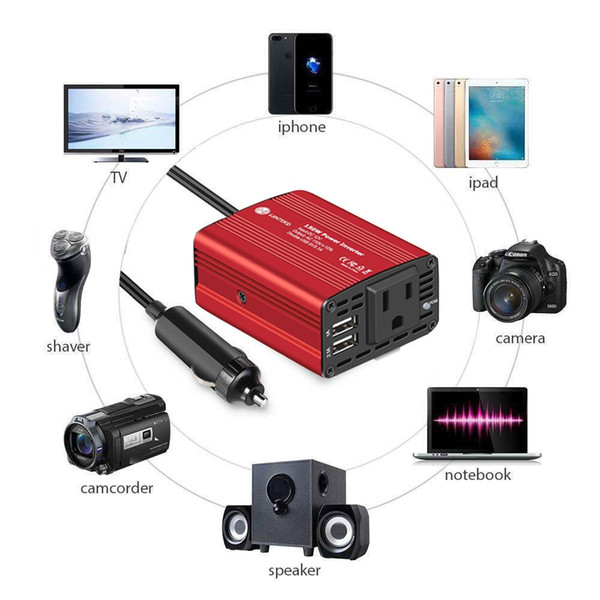 150W In-vehicle power supply inverter DC 12V to 110V AC converter with 3.1 A dual USB charger adapter, red