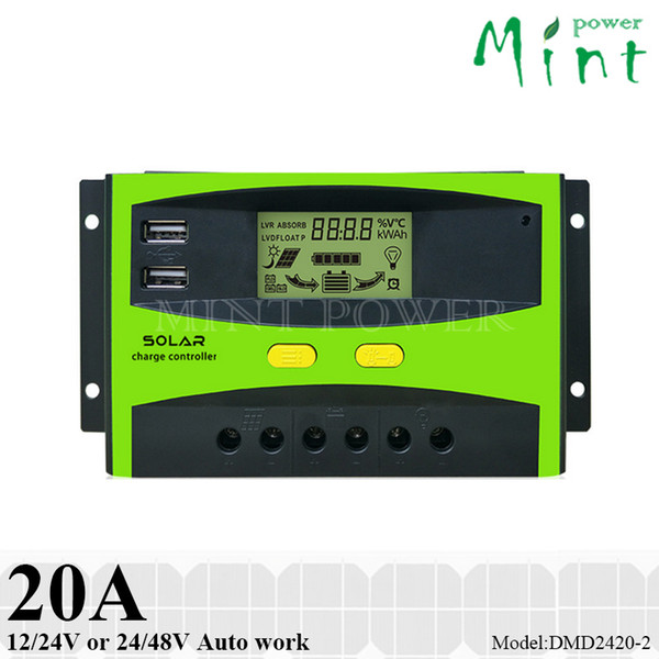 20A PWM solar charge controller dual USB port 12V/24V or 24V/48V auto work umanized LCD display ,three-stage charging