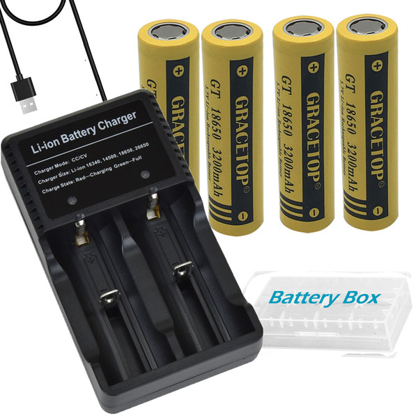 4PCS Flat-Top 18650 Battery 3200mAh 3.7V and USB battery charger batteries Li-ion Battery for Handheld Flashlight Headlight