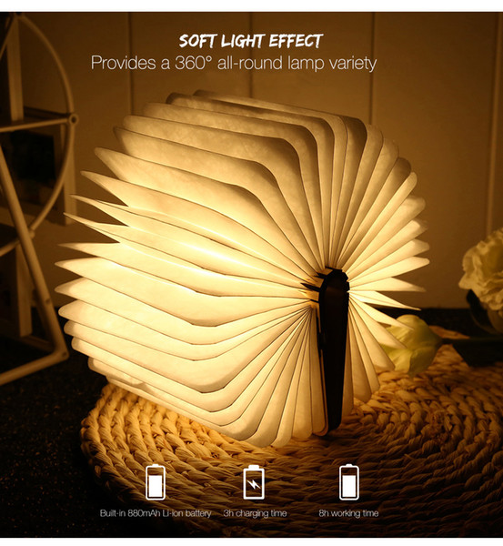 USB Rechargeable Warm White LED Wooden Folding Mini Book Shape Light Desk Night Lamp for Living Room Christmas Decoration