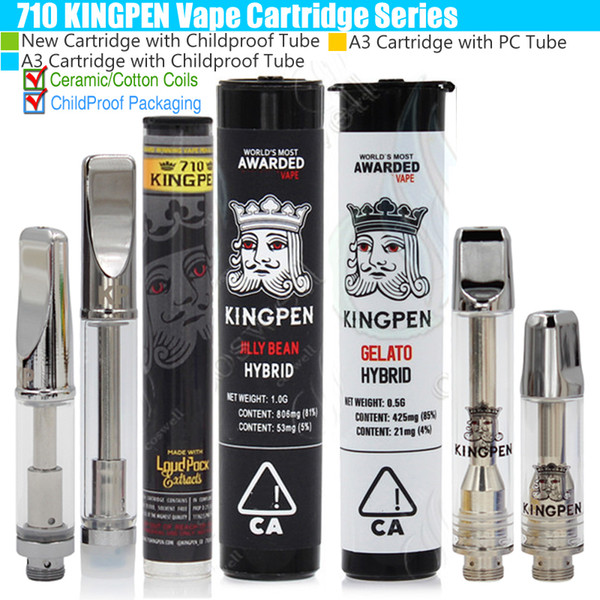 New 710 KINGPEN Vape Cartridges 510 Glass King Pen Dab Wax Ceramic Cotton Coils Childproof Tube Packaging CA A3 KP Flavor Stickers Vaporizer