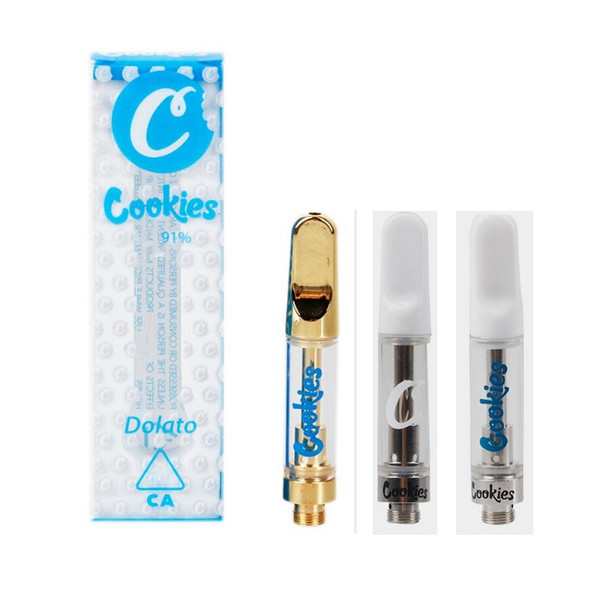 Sky blue box package Cookies Carts 1.0ml Gold Ceramic Coil Vape Cartridge TH205 Thick Oil Glass Tank 510 Cartridges 14 flavors