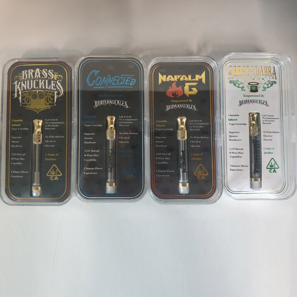 Connected Abracadabra Brass Knuckles Gold Cartridge Cotton Coil 1.0ml Pyrex Glass Vaporizer Tank With Various Flavor Label