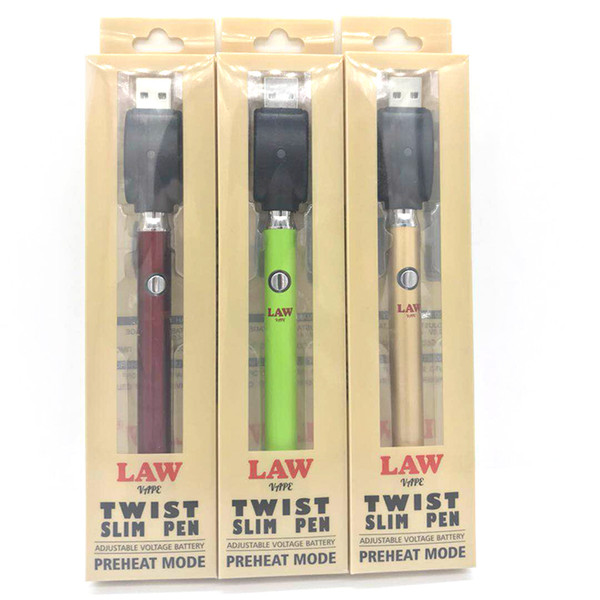 LAW Battery Preheat Variable Voltage Battery 380mah Twist Slim Vape Pen Fit 510 Thread Atomizers CE3 Tank Cartridges 2.0-4.0v Free Shipping