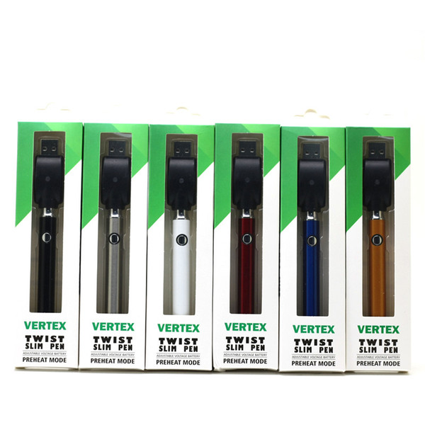 Vertex Twist Battery Slim Pen Preheat VV 380mAh Vape Pen Bottom Voltage Variable Battery For 510 Cartridges Carts Law Twist Free DHL