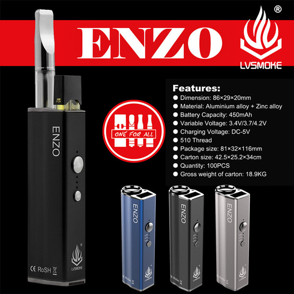 100% Original LVSmoke Enzo VV Box Mod 450mAh Variable Voltage Battery Vape Mods Kit for 510 Thread Cartridge Thick Oil Pods Genuine