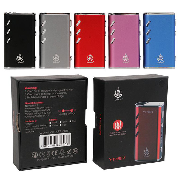 100% Original LVSmoke Ymer Preheat VV Box Mod 650mAh Battery 20W E-Cigarette Vape Mods Kit For All 510 Thread Cartridge Atomizer DHL