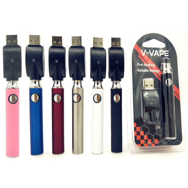 2019 V-VAPE 650mAh Preheat VV Battery Blister Starter Kits Variable Voltage Batteries With USB Charger For 510 Wax Thick Oil Cartridge