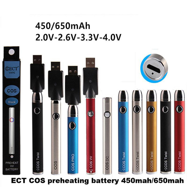 ECT COS preheating battery 650mah vape cartridges kit twist variable voltage for thick oil atomizer free shipping