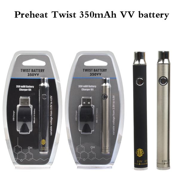 Preheat Battery Twist VV 350mah Battery Charger Kit 510 thread battery Bottom adjustable Variable Voltages thick oil vape pen blister kit