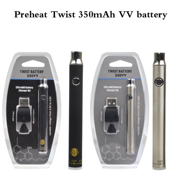 New Preheat Battery Twist VV 350mah Battery Charger Kit 510 thread battery Bottom Variable Voltages thick oil vape pen kit