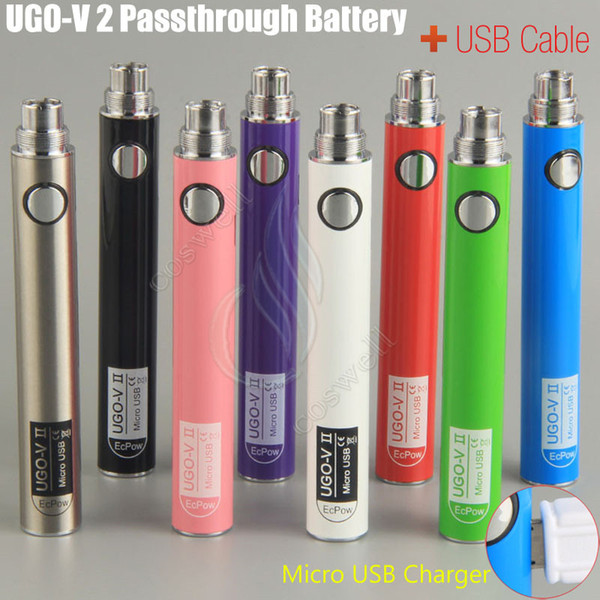 Original UGO V II 2 650 900mah EVOD ego 510 Battery micro USB Passthrough Charge with USB Cable vaporizers e cigs O pen Vape batteries