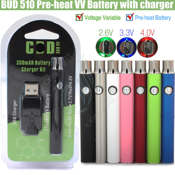 New Preheat Battery Kits Preheating 350mAh VV Variable Voltage with mini USB charger CO2 Thick Oil Cartridges Vaporizer 510 O Pen BUD Touch