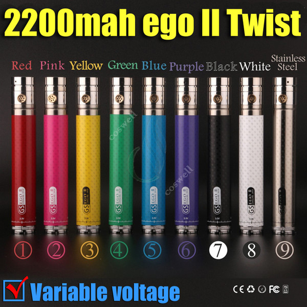 New eGo II twist vv 2200 mAh 3.3V-4.8V Variable Voltage ego 2 GS 2200mah huge capacity battery 3200 mAh spin e cigs cigarettes battery DHL