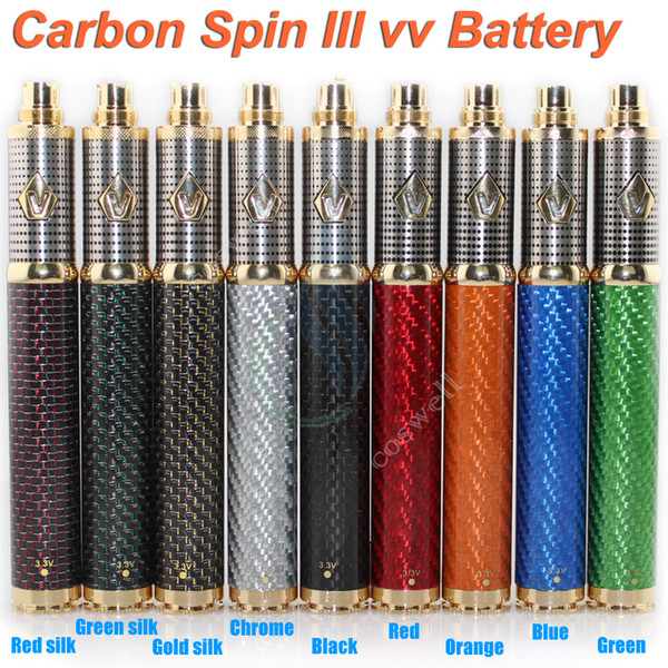 Top quality vision Carbon Spin 3 vapen III Carbon Fiber Tube 3.3-4.8V 1650mAh Variable Voltage vv battery fit e cigs ego atomizer vapor DHL