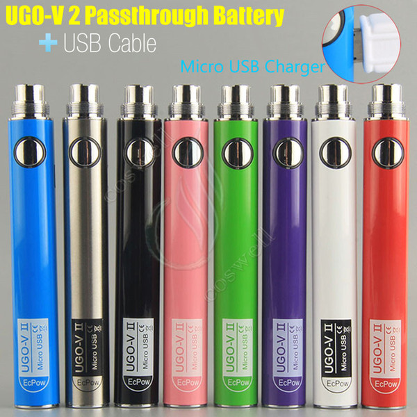 Original UGO-V II 2 650mah 900mah EVOD ego 510 Battery micro USB Passthrough Charge with USB Cable vaporizer e Cigarette O pen Vape DHL