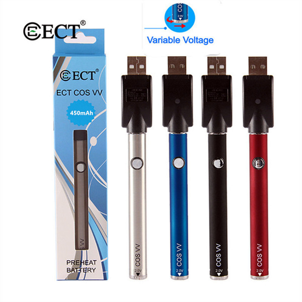 Original ECT COS VV 450mah Preheating Battery Bottom Twist Adjustable Voltage 510 Thread Vape mod for Cartridge Vaporizer