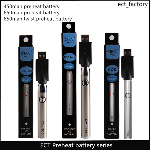 original ECT cos preheat battery 450/650mah e cigarette twist/button variable voltage preheat vaporizer for smoking wax vape pen