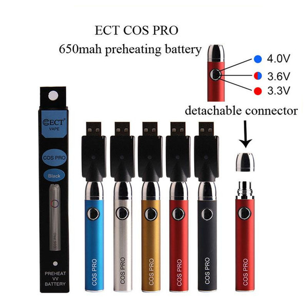 Original ECT cos pro battery 650mah preheat battery 510 thread vape e cigarette variable voltage vaporizer for Thick oil atomizer