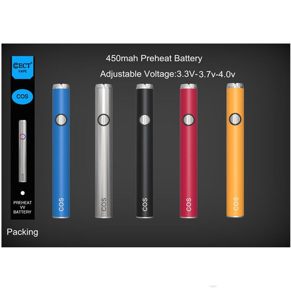 hot sell ECT COS Preheating Battery 450mah 510 Thread e cigarette Variable Voltage 3.4-3.7-4.0v Preheat Battery For Thick oil atomizer