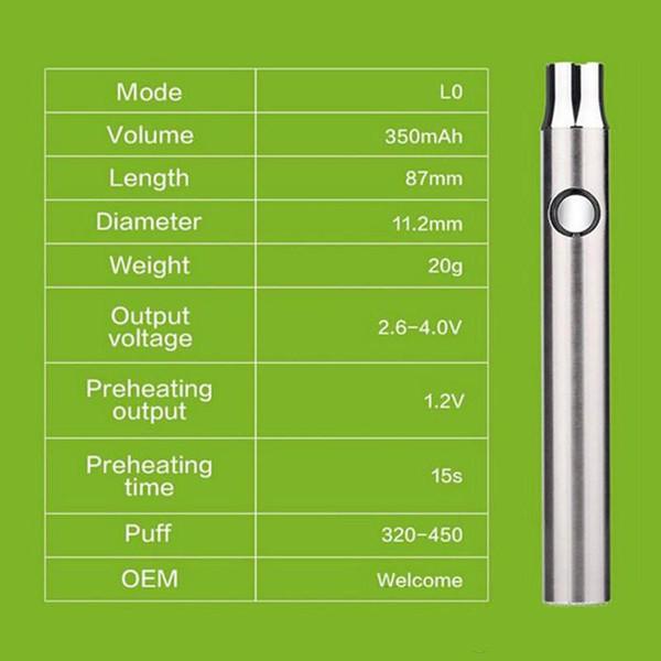 400mah 510 vape battery LO slim vape pen black silver for heating thick oil cartridge vaporizer wax o pen