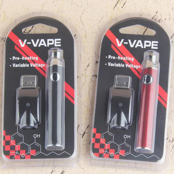 V-VAPE 650mah Preheat Vape Battery 510 Thread Colorfull Variable Voltage Adjustable Vape Pen Kits With USB Charger Blister Pack