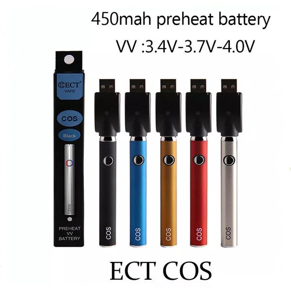 Newest ECT COS e cigarette Preheat Battery 450mah 510 Thread Variable Voltage 3.4-3.7-4.0v Preheat Battery For Thick oil atomizer